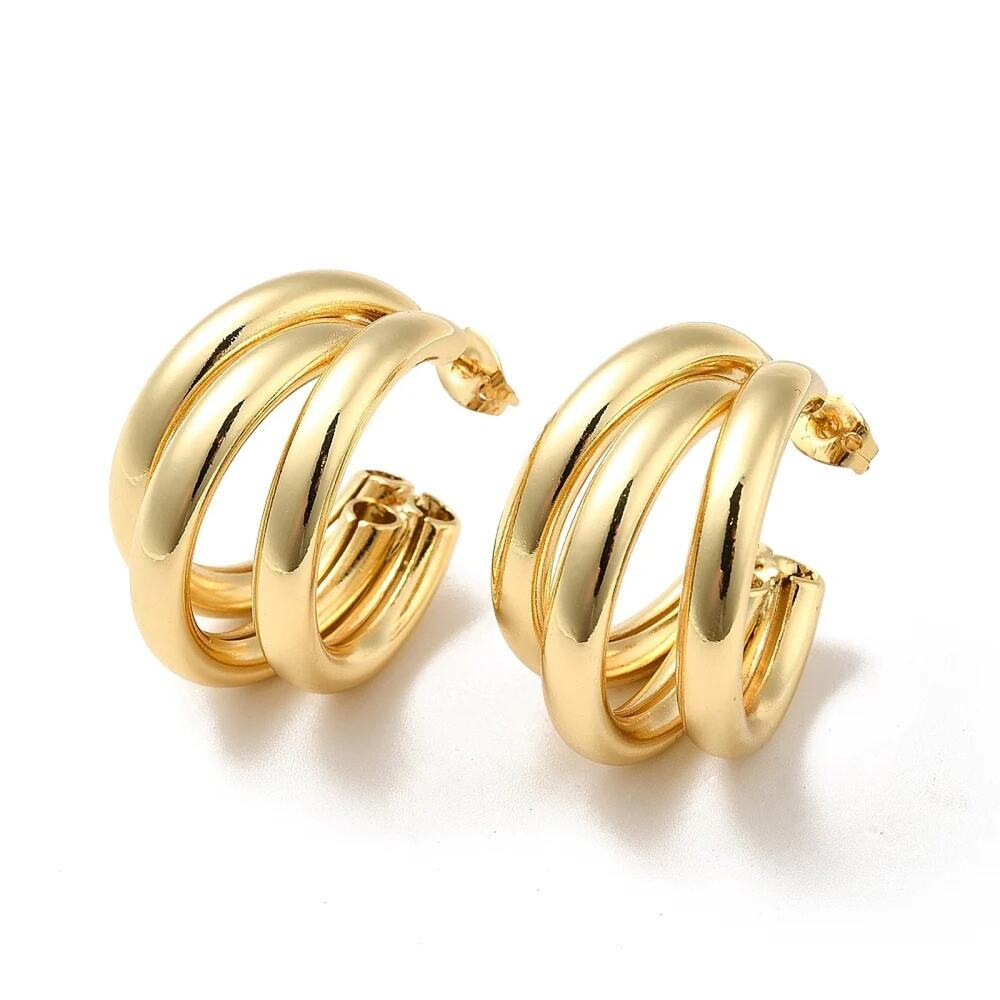 4038 NIP 1" Triple Gold Hollow Hoops with Studs